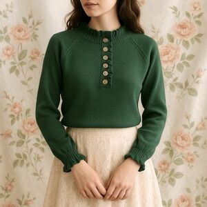 BTFBM Green Ruffle Button Sweater | Size Small | Soft Knit Pullover